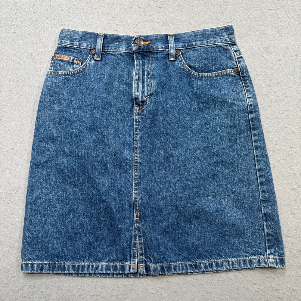 Eddie Bauer Mini Skirt Women's 6 Blue Denim Medium Wash Cotton Front Slit Summer